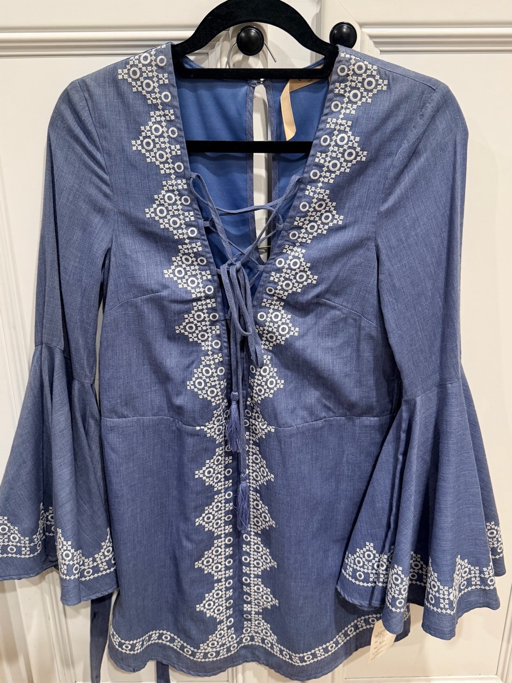 Blue Embroidered Lace-Up dress